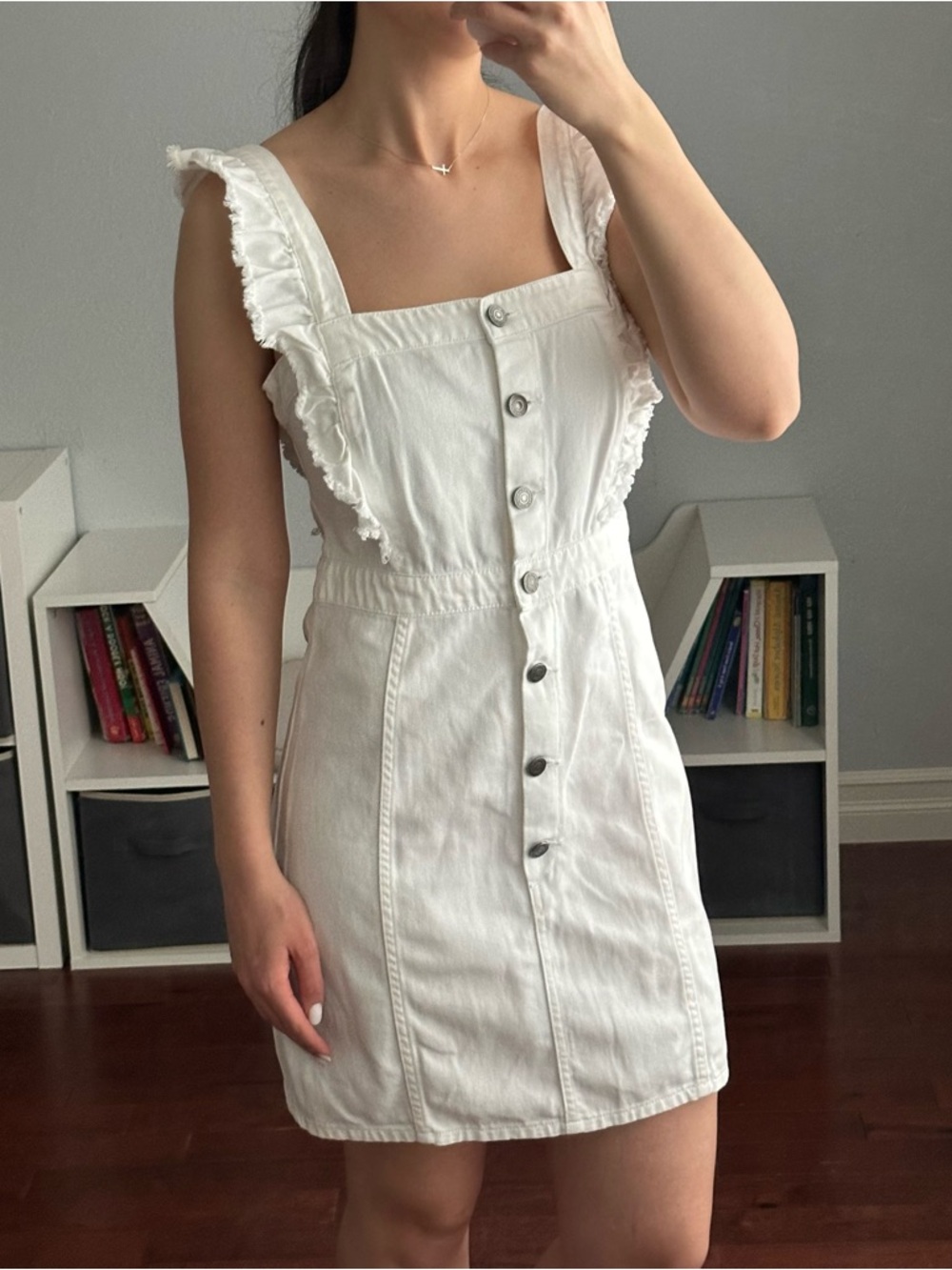 cupcakes & cashmere White Ruffle-Trim Denim Button Mini Dress